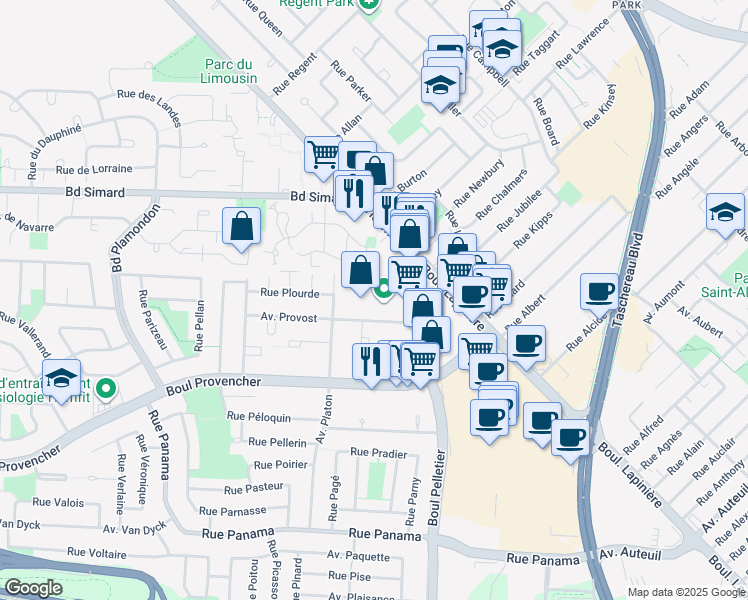 map of restaurants, bars, coffee shops, grocery stores, and more near 9 Place du Commerce in Brossard