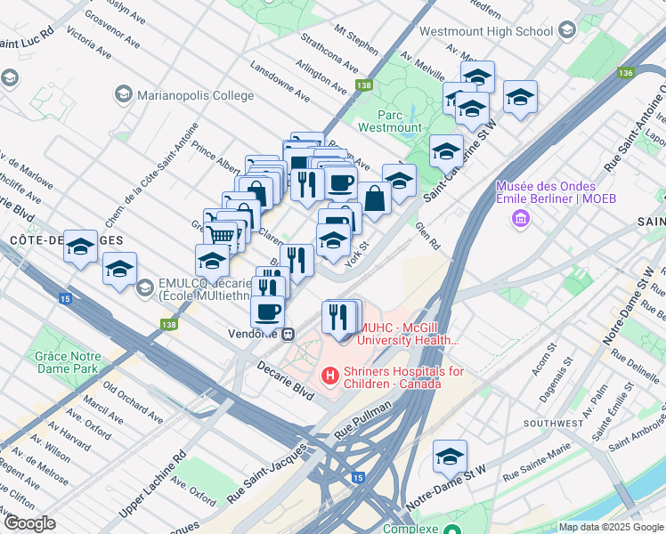 map of restaurants, bars, coffee shops, grocery stores, and more near in Westmount