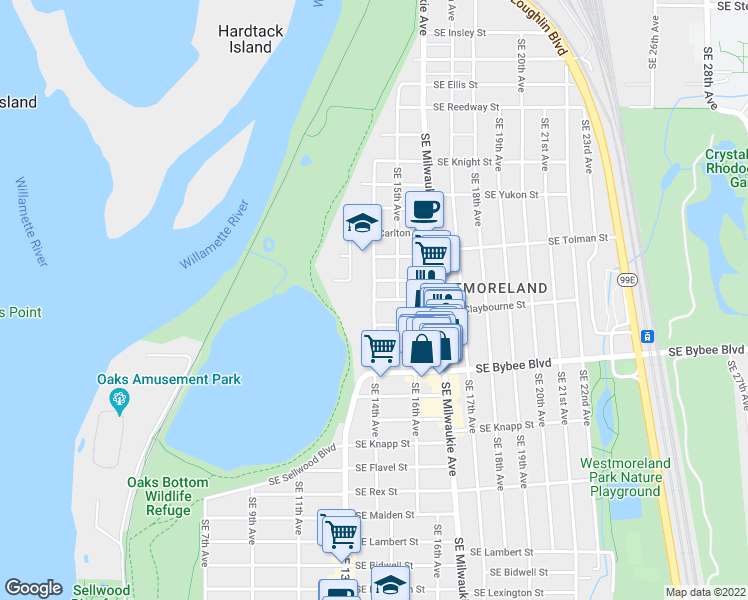 map of restaurants, bars, coffee shops, grocery stores, and more near 6501 Southeast 14th Avenue in Portland