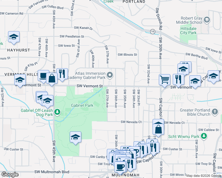 map of restaurants, bars, coffee shops, grocery stores, and more near 3630 Southwest Vermont Street in Portland