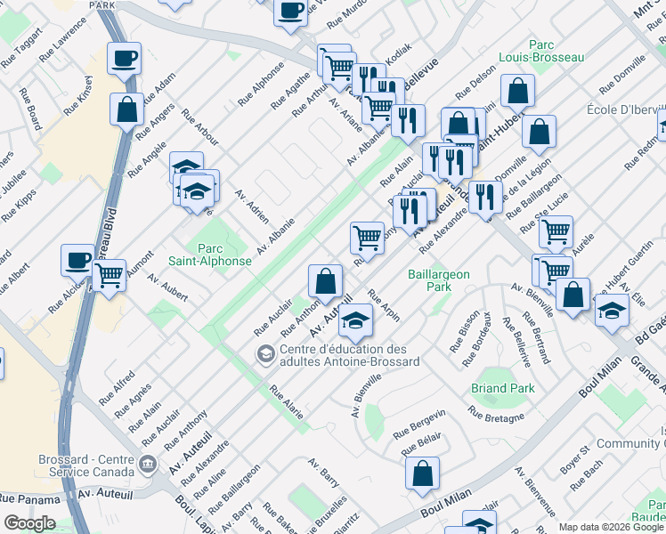 map of restaurants, bars, coffee shops, grocery stores, and more near 5706 Rue Auclair in Brossard