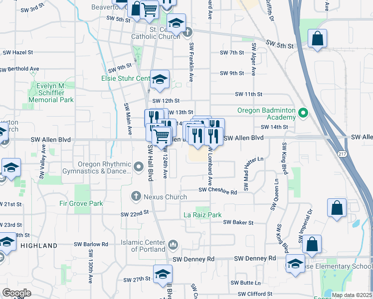 map of restaurants, bars, coffee shops, grocery stores, and more near 12255 Southwest Why Worry Lane in Beaverton