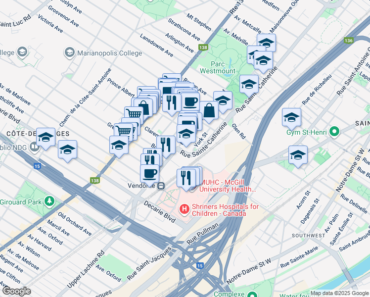 map of restaurants, bars, coffee shops, grocery stores, and more near 4998 Boulevard De Maisonneuve Ouest in Westmount