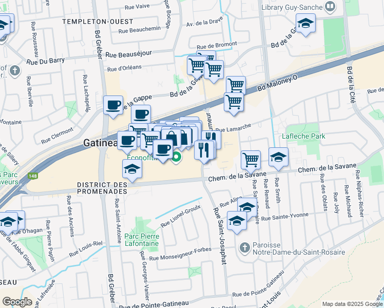 map of restaurants, bars, coffee shops, grocery stores, and more near 1100 Boulevard Maloney Ouest in Gatineau