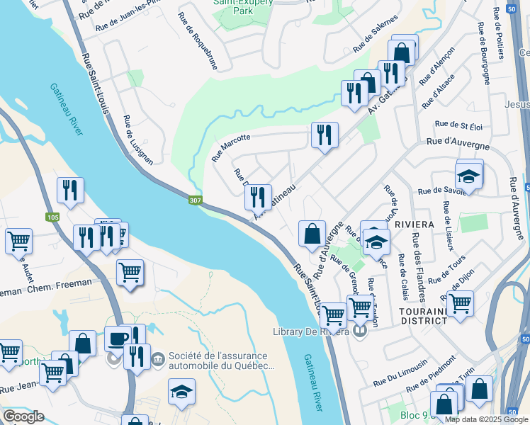 map of restaurants, bars, coffee shops, grocery stores, and more near 10 Avenue Gatineau in Gatineau