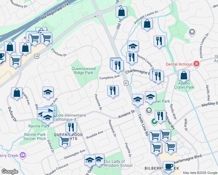 map of restaurants, bars, coffee shops, grocery stores, and more near 1446 Deavy Way in Ottawa