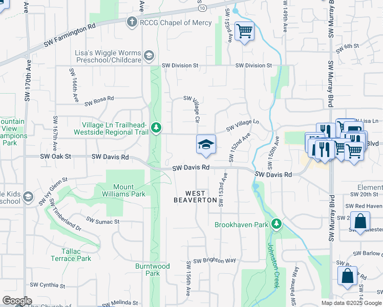map of restaurants, bars, coffee shops, grocery stores, and more near 15555 Southwest Davis Road in Beaverton