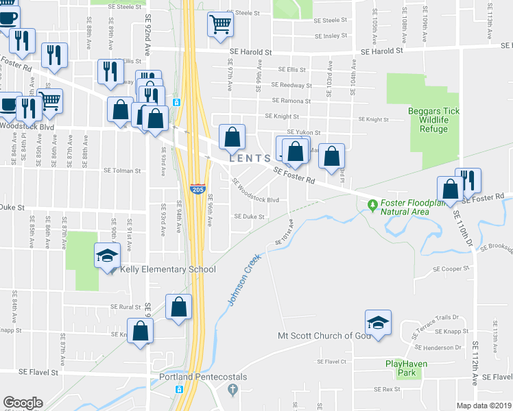 map of restaurants, bars, coffee shops, grocery stores, and more near 9903 Southeast Duke Street in Portland