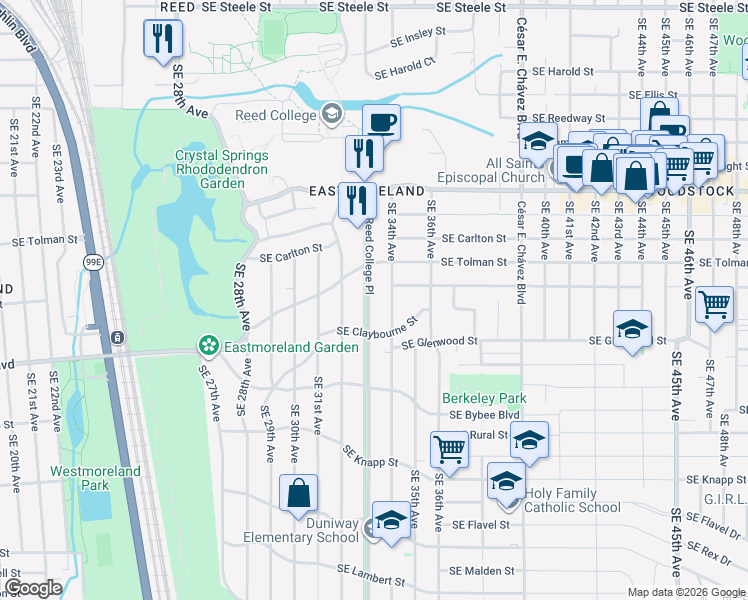 map of restaurants, bars, coffee shops, grocery stores, and more near 6523 Southeast Reed College Place in Portland