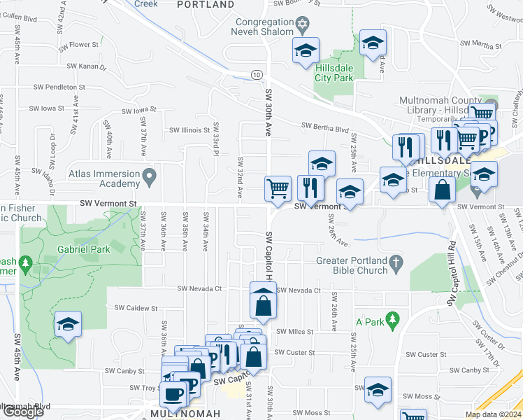 map of restaurants, bars, coffee shops, grocery stores, and more near 6740 Southwest Capitol Highway in Portland