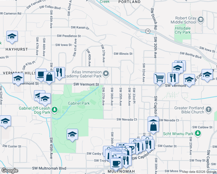 map of restaurants, bars, coffee shops, grocery stores, and more near 6720 Southwest 37th Avenue in Portland