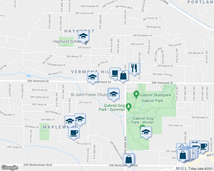map of restaurants, bars, coffee shops, grocery stores, and more near 4738 South Vermont Street in Portland