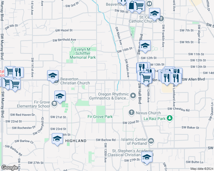 map of restaurants, bars, coffee shops, grocery stores, and more near 6125 Southwest 130th Avenue in Beaverton