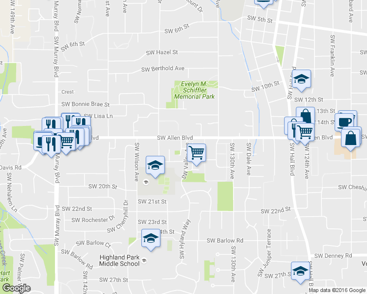 map of restaurants, bars, coffee shops, grocery stores, and more near 13497 Southwest 17th Street in Beaverton