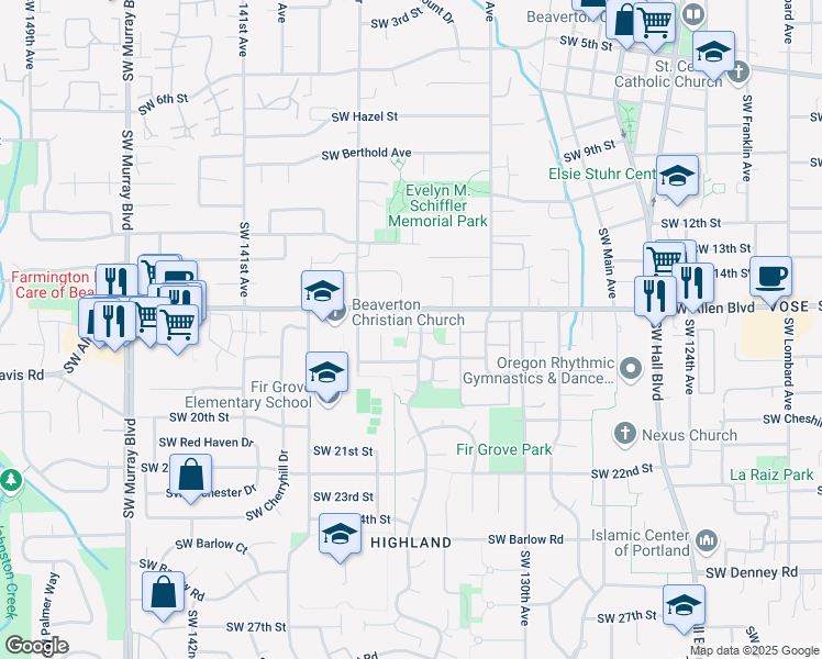 map of restaurants, bars, coffee shops, grocery stores, and more near 13497 Southwest 17th Street in Beaverton