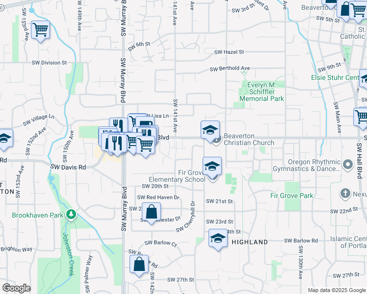 map of restaurants, bars, coffee shops, grocery stores, and more near 13995 Southwest Spirea Street in Beaverton