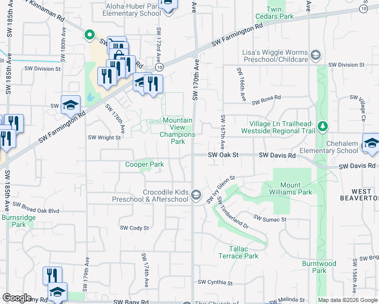 map of restaurants, bars, coffee shops, grocery stores, and more near 6150 Southwest 170th Avenue in Beaverton