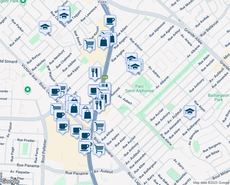 map of restaurants, bars, coffee shops, grocery stores, and more near Avenue Aumont in Brossard
