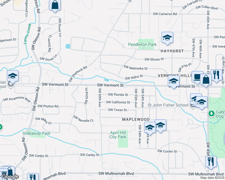 map of restaurants, bars, coffee shops, grocery stores, and more near 5810 Southwest Vermont Street in Portland