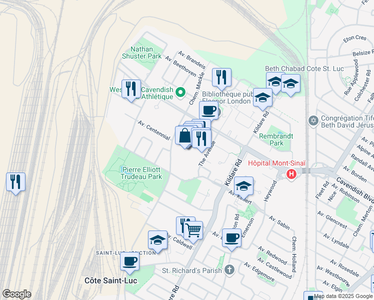 map of restaurants, bars, coffee shops, grocery stores, and more near 5800 Boulevard Cavendish in Côte Saint-Luc