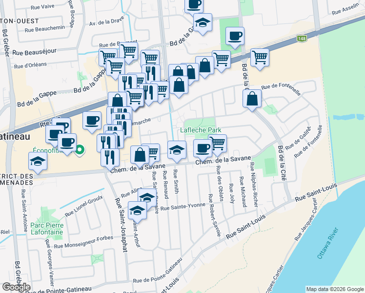map of restaurants, bars, coffee shops, grocery stores, and more near 34 Rue de Lausanne in Gatineau
