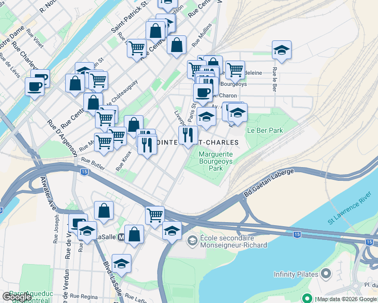 map of restaurants, bars, coffee shops, grocery stores, and more near 2241 Rue Wellington in Montréal