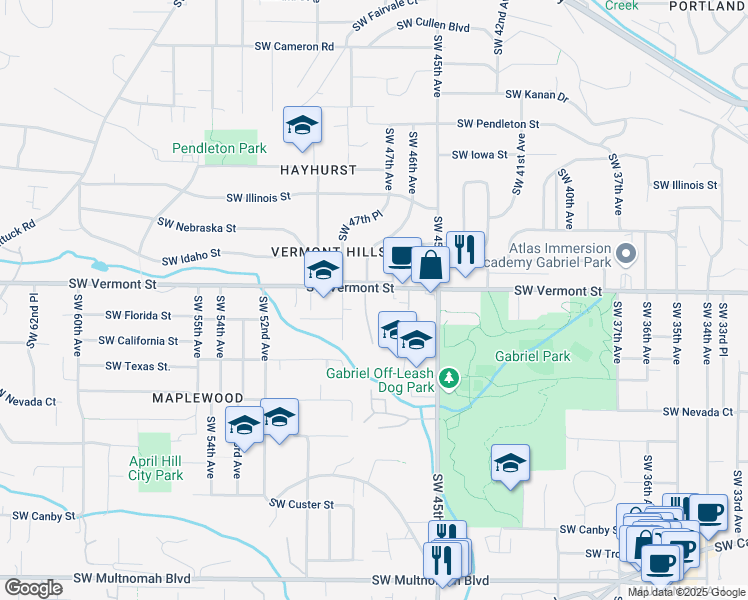 map of restaurants, bars, coffee shops, grocery stores, and more near 4742 Southwest Vermont Street in Portland