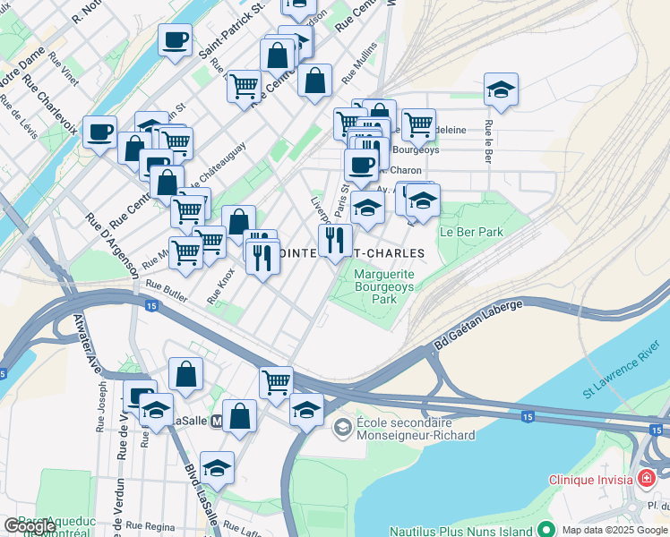map of restaurants, bars, coffee shops, grocery stores, and more near 607 Rue d'Hibernia in Montréal