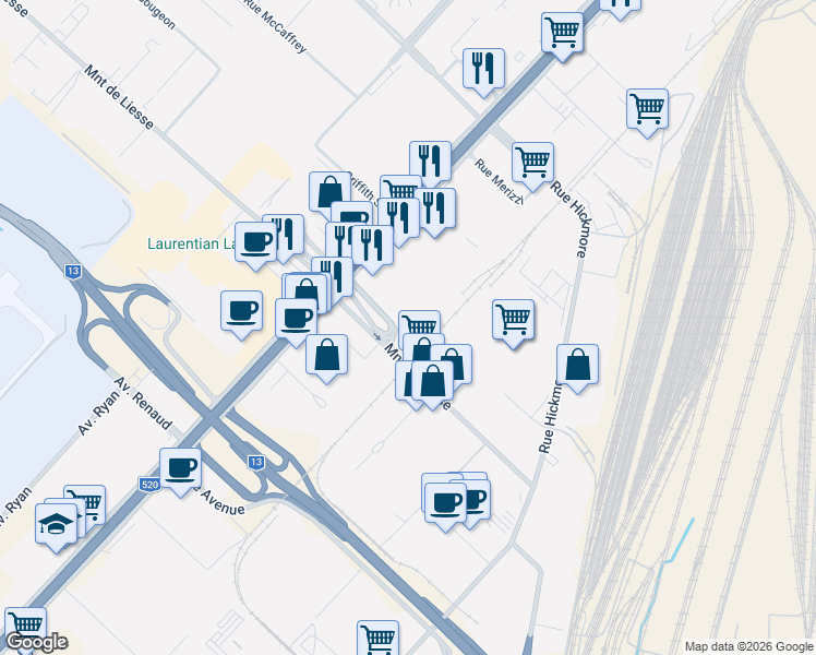 map of restaurants, bars, coffee shops, grocery stores, and more near 185 Montée de Liesse in Montréal