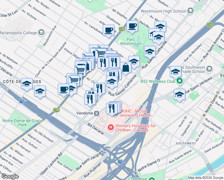 map of restaurants, bars, coffee shops, grocery stores, and more near 4998 Boulevard De Maisonneuve Ouest in Westmount