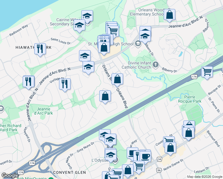 map of restaurants, bars, coffee shops, grocery stores, and more near 1257 Priory Lane in Ottawa