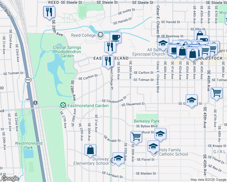 map of restaurants, bars, coffee shops, grocery stores, and more near 6523 Southeast Reed College Place in Portland