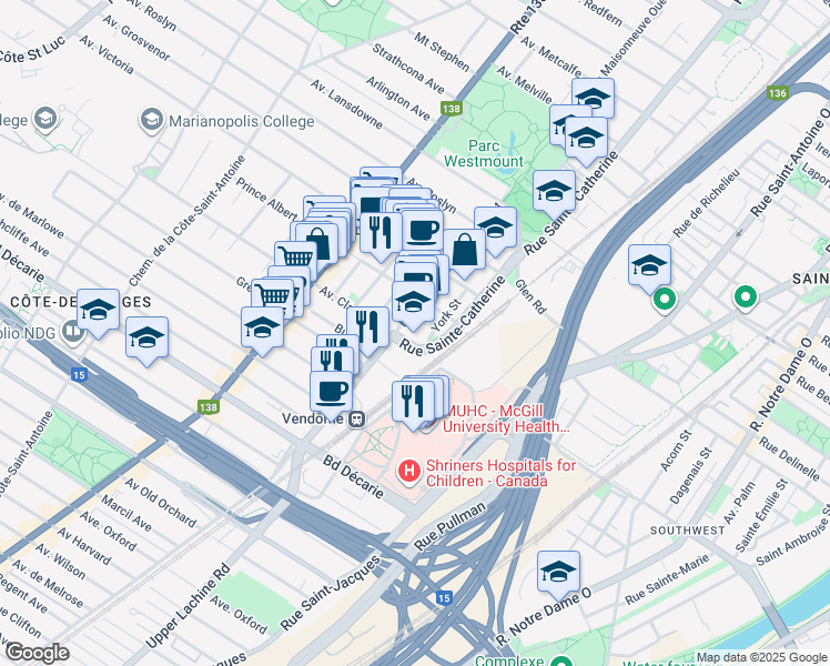 map of restaurants, bars, coffee shops, grocery stores, and more near in Montreal