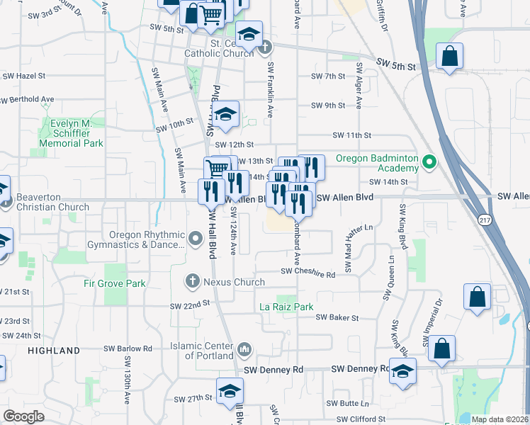 map of restaurants, bars, coffee shops, grocery stores, and more near 12150 Southwest Allen Boulevard in Beaverton
