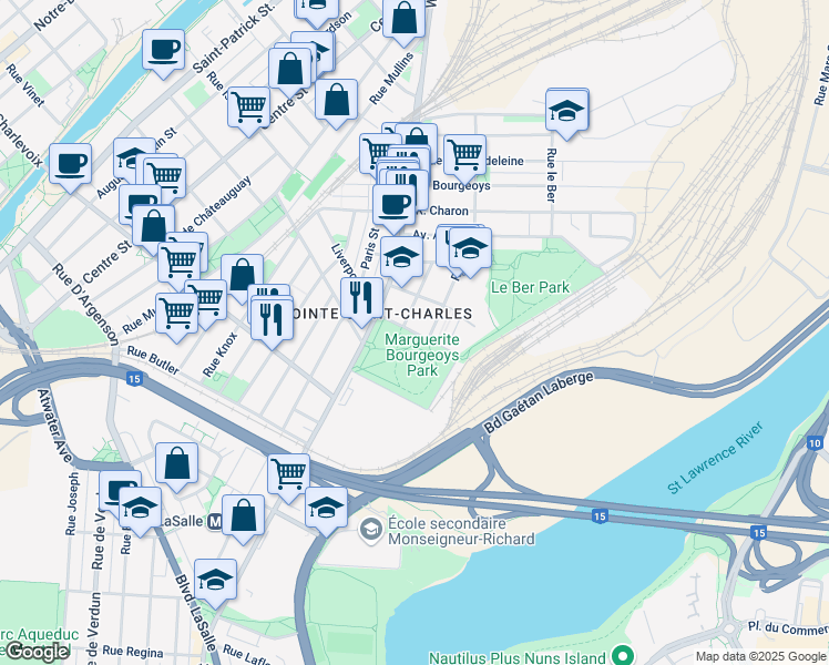 map of restaurants, bars, coffee shops, grocery stores, and more near Parc Marguerite Bourgeoys Street in Montreal