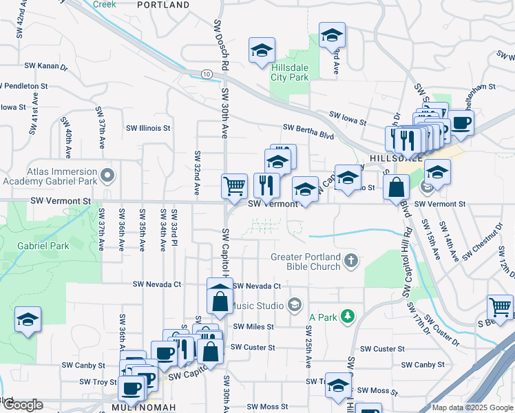 map of restaurants, bars, coffee shops, grocery stores, and more near 6688 Southwest Capitol Highway in Portland