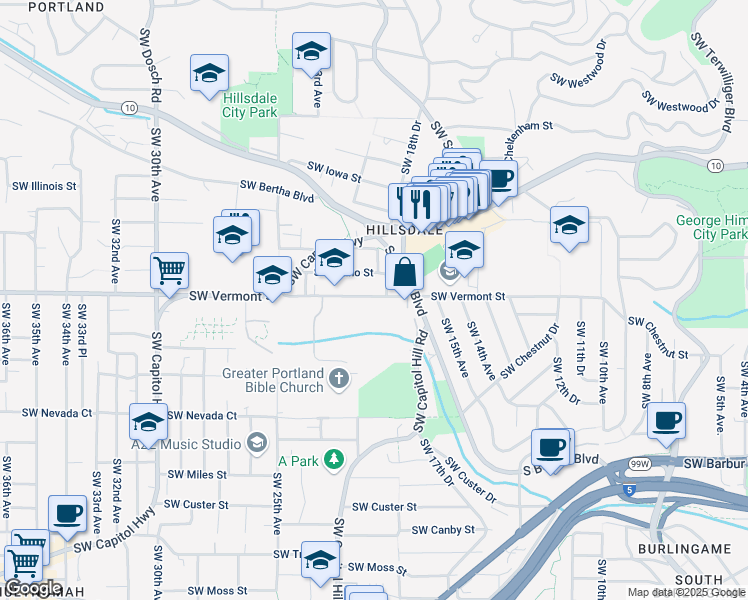 map of restaurants, bars, coffee shops, grocery stores, and more near 2040 Southwest Vermont Street in Portland
