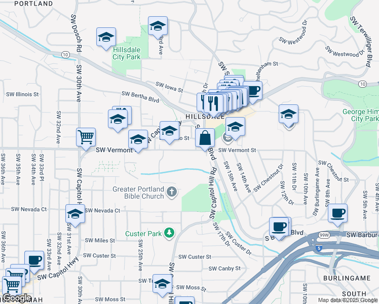 map of restaurants, bars, coffee shops, grocery stores, and more near 2040 Southwest Vermont Street in Portland