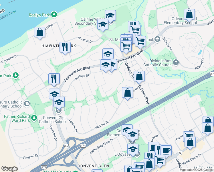 map of restaurants, bars, coffee shops, grocery stores, and more near 1113 Saint-Emmanuel Terrace in Ottawa