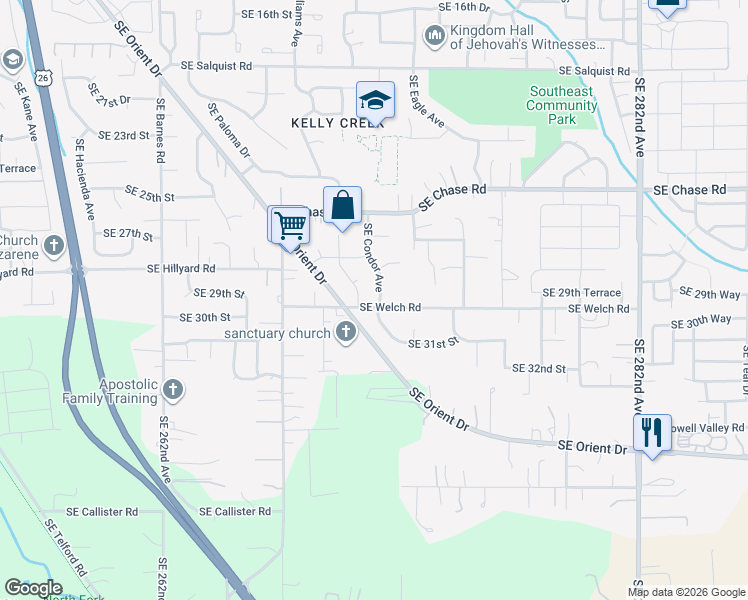 map of restaurants, bars, coffee shops, grocery stores, and more near 4789 Southeast Welch Road in Gresham