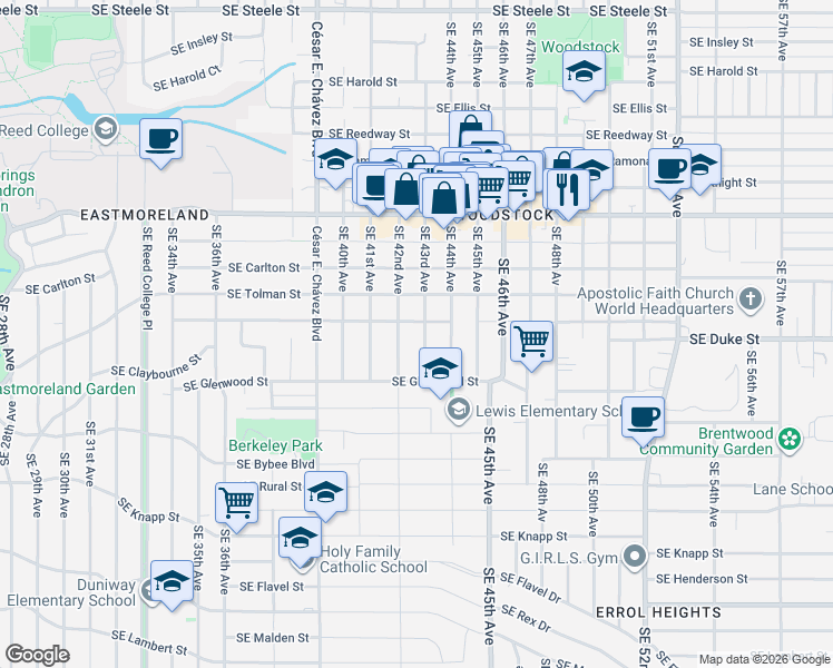 map of restaurants, bars, coffee shops, grocery stores, and more near 6415 Southeast 43rd Avenue in Portland