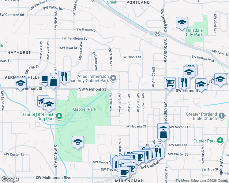 map of restaurants, bars, coffee shops, grocery stores, and more near 3630 Southwest Vermont Street in Portland