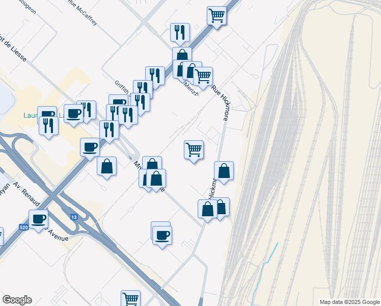 map of restaurants, bars, coffee shops, grocery stores, and more near 4565 Rue Hickmore in Montréal