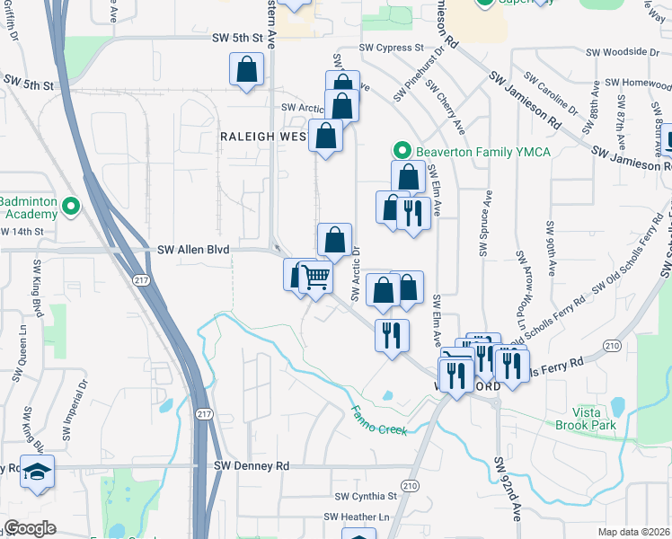 map of restaurants, bars, coffee shops, grocery stores, and more near 10025 Southwest Allen Boulevard in Beaverton