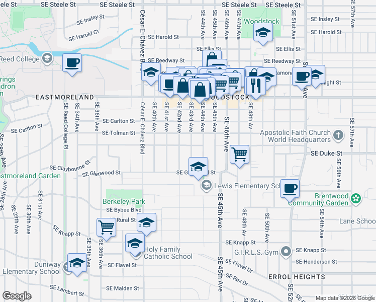 map of restaurants, bars, coffee shops, grocery stores, and more near 6415 Southeast 43rd Avenue in Portland