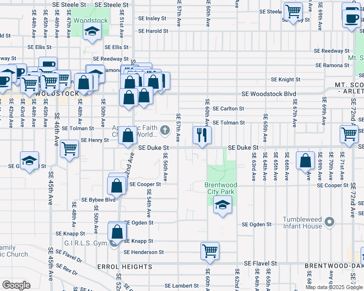 map of restaurants, bars, coffee shops, grocery stores, and more near 6518 Southeast 57th Place in Portland