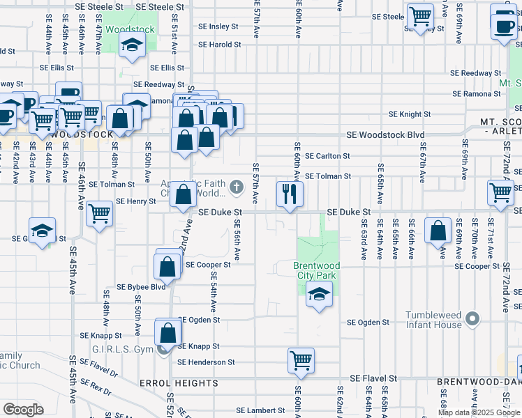 map of restaurants, bars, coffee shops, grocery stores, and more near 5707 Southeast Duke Street in Portland