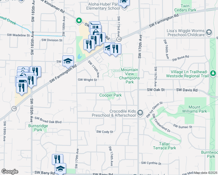 map of restaurants, bars, coffee shops, grocery stores, and more near 17465 Southwest Oak Street in Beaverton