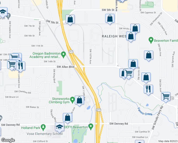 map of restaurants, bars, coffee shops, grocery stores, and more near 10720 Southwest Allen Boulevard in Beaverton
