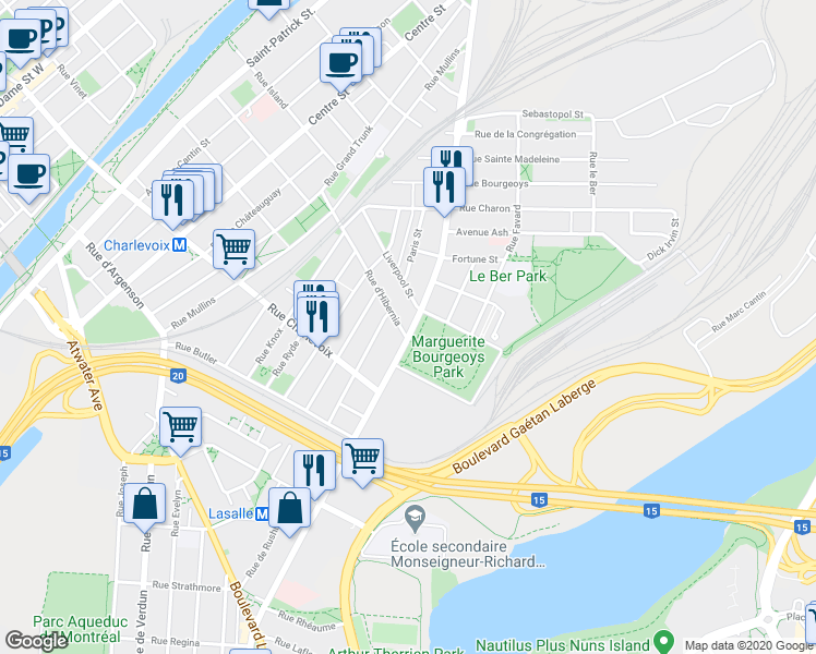 map of restaurants, bars, coffee shops, grocery stores, and more near 2241 Rue Wellington in Montréal